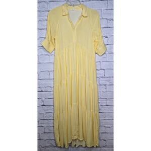 A Loves A Pinstripe Print Collar 3/4 Cuff Sleeve Tiered Midi Shirt Dress XS.